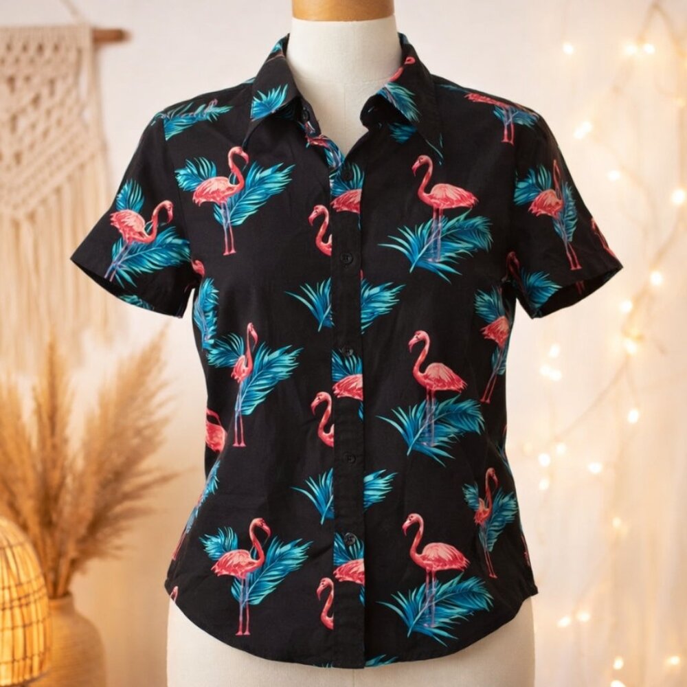 WESTY Flamingo Palm Button-Up Shirt M Tropical Resortcore Cotton Vacation Vibes